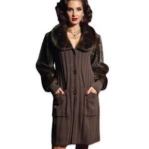 Alexandre Boeglin Brown Ribbed Knit Faux Fur Collar Coat Medium Lambswool Angora